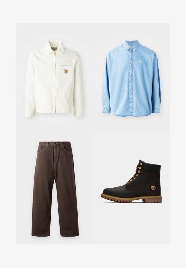 Veste en coton blanc avec col, fermeture éclair dorée et poche poitrine arborant un patch logo. Comprend des poches latérales et une coupe décontractée.; Chemise en denim bleu clair à boutons avec manches longues, col pointu et petit logo sur la poitrine gauche. Offre une coupe décontractée et un design classique.; Pantalons larges marron en coton, avec un design classique à cinq poches, une fermeture éclair et des détails de couture visibles.; Bottine noire en cuir avec œillets dorés, accents marron et semelle en caoutchouc. Comprend un col rembourré et un logo estampé sur le côté.