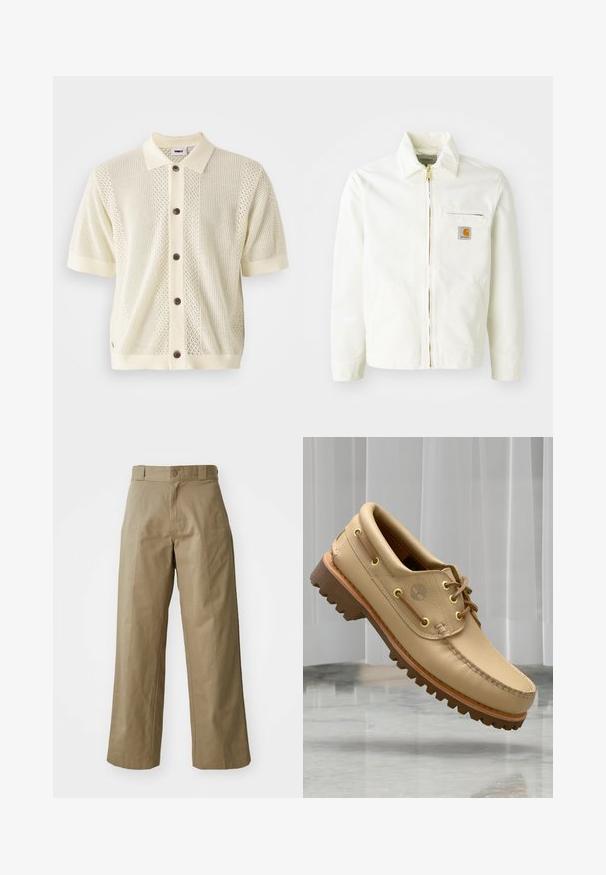 Veste en coton blanc avec col, fermeture éclair dorée et poche poitrine arborant un patch logo. Comprend des poches latérales et une coupe décontractée.; Gilet en tricot à manches courtes de couleur jaune pâle avec un col uni contrasté, cinq boutons marron et des motifs texturés sur le devant.; Pantalons larges en kaki en tissu mélangé coton, dotés d'une fermeture à un bouton et de poches latérales visibles. Texture lisse, détails de plis.; Chaussure bateau en cuir marron clair avec semelle épaisse et striée et détails de lacets, flottant au-dessus d'un sol en marbre et d'un fond de stores verticaux blancs.