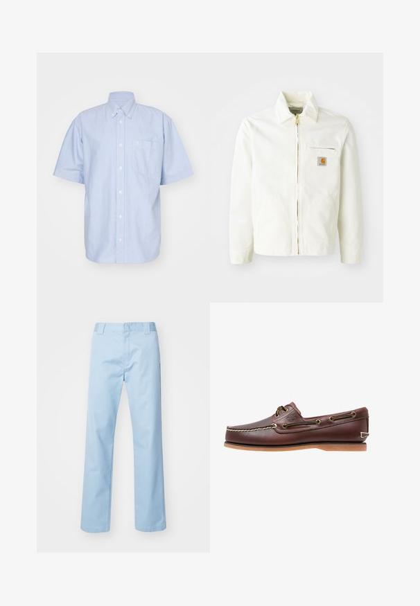 Veste en coton blanc avec col, fermeture éclair dorée et poche poitrine arborant un patch logo. Comprend des poches latérales et une coupe décontractée.; Chemise à manches courtes bleu clair en tissu coton. Dotée d'un col et d'une poche avant. Design simple et uni.; Pantalon droit bleu clair en tissu mélangé de coton. Présente une taille plate à l'avant, des poches latérales et aucun motif ou embellissement visible.; Chaussure bateau en cuir marron avec coutures blanches, détails de lacets et semelle en caoutchouc beige, vue de côté sur fond blanc.