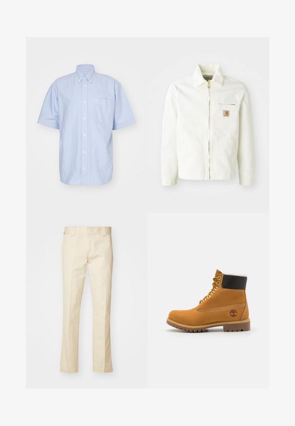Veste en coton blanc avec col, fermeture éclair dorée et poche poitrine arborant un patch logo. Comprend des poches latérales et une coupe décontractée.; Chemise à manches courtes bleu clair en tissu coton. Dotée d'un col et d'une poche avant. Design simple et uni.; Pantalons en coton beige à coupe droite, avec une fermeture éclair, des passants de ceinture et des poches. Texture lisse avec un minimum de détails de couture.; Bottine en cuir brun avec œillets en métal, doublure en fourrure blanche, col rembourré noir, semelle robuste et logo en relief sur le côté.