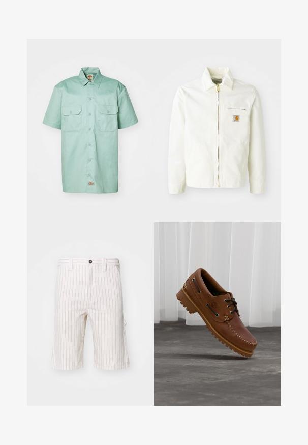 Veste en coton blanc avec col, fermeture éclair dorée et poche poitrine arborant un patch logo. Comprend des poches latérales et une coupe décontractée.; Chemise à manches courtes de couleur vert menthe en coton. Dotée d'une fermeture à boutons sur le devant, de deux poches poitrine et d'une étiquette de logo près de l'ourlet.; Shorts cargo blancs avec des rayures verticales rouges, fabriqués en tissu léger. Comprend une fermeture à bouton et des poches latérales.; Chaussure de bateau en cuir marron avec des lacets noirs, des coutures beiges et une semelle robuste, suspendue au-dessus d'un sol en béton gris.