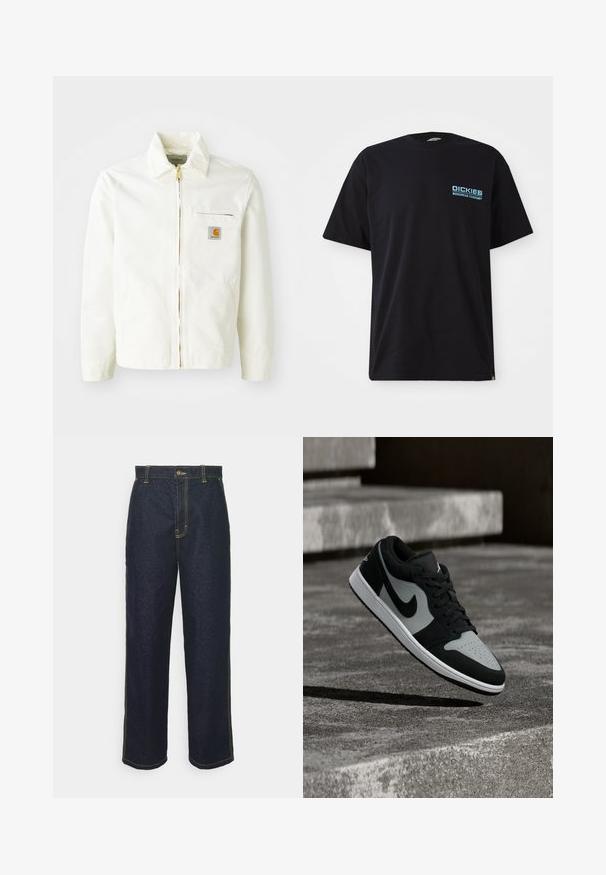 Hvid bomuldsjakke med krave, guld lynlås og brystlomme med logo-patch. Inkluderer sidelommer og en afslappet pasform.; Sort bomulds t-shirt med korte ærmer, forsynet med et blåt "DICKIES WORKWEAR COMPANY" logo på venstre bryst. Standard rund halsudskæring.; Bredde ben mørke denim jeans med gul syning, der har en frontlukning med knap og sidelommer. Glat tekstur og traditionelt design.; Sort og grå Nike-sneaker svæver over en tekstureret betonoverflade med stentrin i baggrunden.