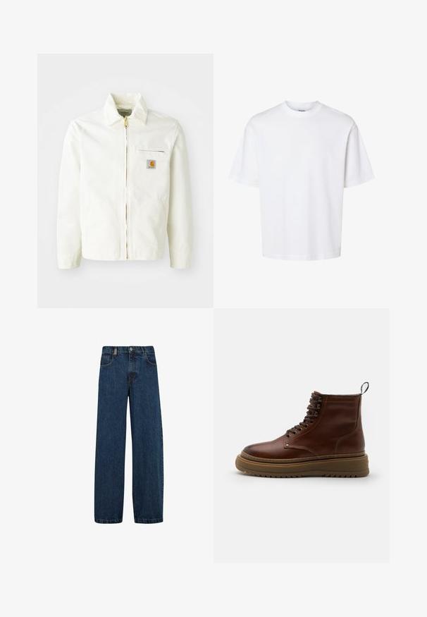 Chaqueta de algodón blanca con cuello tipo camisa, cremallera dorada y bolsillo en el pecho con un parche de logo. Incluye bolsillos laterales y un corte relajado.; Camiseta blanca lisa de manga corta y cuello redondo con un corte holgado, mostrada sobre un fondo liso.; Vaqueros de mezclilla en azul oscuro, con un corte de pierna ancha, diseño de cinco bolsillos y un cierre clásico de botón con cremallera de metal.; Botín de cuero marrón hasta el tobillo con puntera redonda, cordones en la parte frontal, cuello acolchado y suela gruesa de goma con un patrón acanalado.
