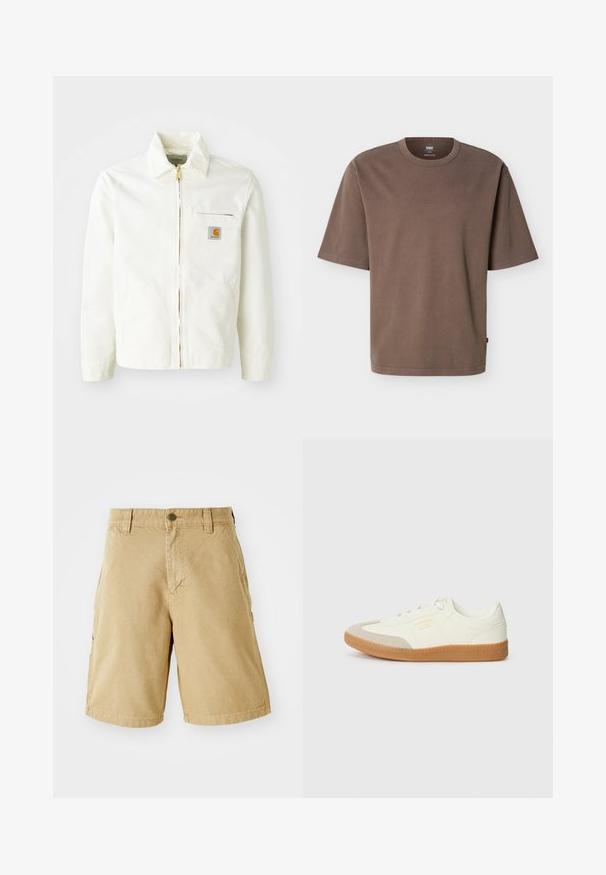 Veste en coton blanc avec col, fermeture éclair dorée et poche poitrine arborant un patch logo. Comprend des poches latérales et une coupe décontractée.; T-shirt ample en coton marron à manches courtes, col rond, avec une petite étiquette rouge Levi's sur la couture latérale.; Shorts cargo en coton beiges avec poches frontales et latérales, passants de ceinture et fermeture à bouton métallique. Coupe droite et design à hauteur des genoux.; Baskets en cuir blanc avec une coque beige et une semelle en caoutchouc marron clair. Dotées de lacets blancs plats et d'un logo embossé sur le côté.