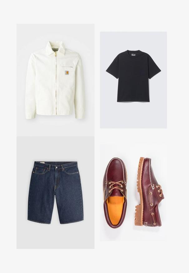 Chaqueta de algodón blanca con cuello tipo camisa, cremallera dorada y bolsillo en el pecho con un parche de logo. Incluye bolsillos laterales y un corte relajado.; Camiseta de algodón negra con cuello redondo clásico, mangas cortas y un ajuste relajado. Textura suave con detalles de costura mínimos.; Pantalones cortos de mezclilla en azul oscuro, con un diseño clásico que incluye cinco bolsillos, costuras cosidas, cierre de botón y bolsillos traseros curvados.; Zapatos de cuero burdeos con suelas de goma marrón, puntera redonda, costuras blancas y ojales dorados. El interior cuenta con un forro amarillo.