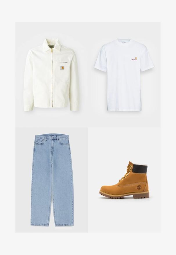 Witte katoenen jas met een kraag, gouden rits en borstzak met een logo-patch. Inclusief zijzakken en een relaxte pasvorm.; Witte katoenen t-shirt met korte mouwen. Ontworpen met een klein oranje en kastanjebruin logo op de linkerkant van de borst. Heeft een klassieke ronde hals.; Lichtblauwe denim jeans met een recht model, voorzien van een middelhoge taille, vijf zakken en een knoop- en ritssluiting.; Bruine leren enkellaars met metalen oogjes, witte faux bont voering, zwarte gewatteerde kraag, robuuste zool en een reliëflogo aan de zijkant.