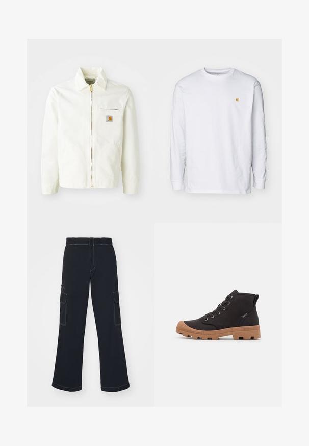 Veste en coton blanc avec col, fermeture éclair dorée et poche poitrine arborant un patch logo. Comprend des poches latérales et une coupe décontractée.; T-shirt à manches longues blanc en coton. Présente un petit logo doré sur la poitrine et un col rond. Design simple et coupe standard.; Pantalon cargo noir à jambes larges, doté de deux poches latérales, de coutures contrastantes et d'une taille standard. Matière en coton doux.; Bottes de cheville en toile noire avec semelles en caoutchouc marron, dotées d'œillets en métal, d'un design à lacets et d'une surface texturée.