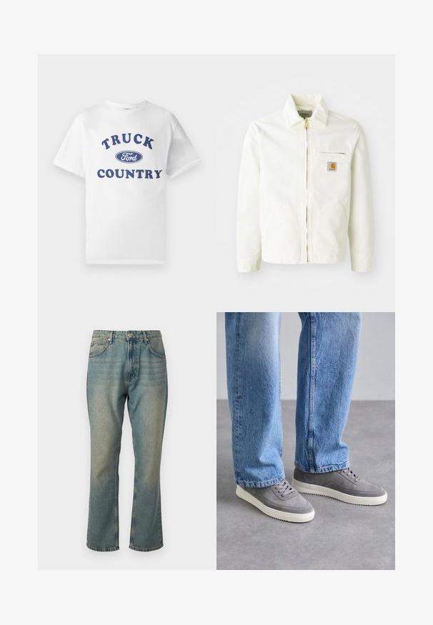 Chaqueta de algodón blanca con cuello tipo camisa, cremallera dorada y bolsillo en el pecho con un parche de logo. Incluye bolsillos laterales y un corte relajado.; Camiseta de algodón blanca con texto impreso en azul "TRUCK COUNTRY" y un logo ovalado en azul de "Ford" en el centro. Mangas cortas y cuello redondo.; Vaqueros de denim azul desgastado con pierna recta, cinco bolsillos y cierre de botón. Presenta detalles de lavado más claro sutiles.; Zapatillas grises con parte superior de ante y suela de goma. Presentan punta redondeada, seis oberturas para cordones y detalles texturizados. Combinadas con unos jeans de color azul claro.