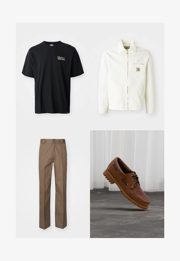 Witte katoenen jas met een kraag, gouden rits en borstzak met een logo-patch. Inclusief zijzakken en een relaxte pasvorm.; Zwarte katoenen T-shirt met korte mouwen. Bevat een geborduurd logo "Dickies Donut House" op de linker borst. Klassiek crew neck ontwerp.; Brown trousers met een vlakke voorkant, rechte pijpen en een klassieke tailleband. Gemaakt van duurzame stof, zonder zichtbare patronen of versieringen.; Bruine leren bootschoen met zwarte veters, beige stiksel en een robuuste zool, zwevend boven een grijze betonnen vloer.