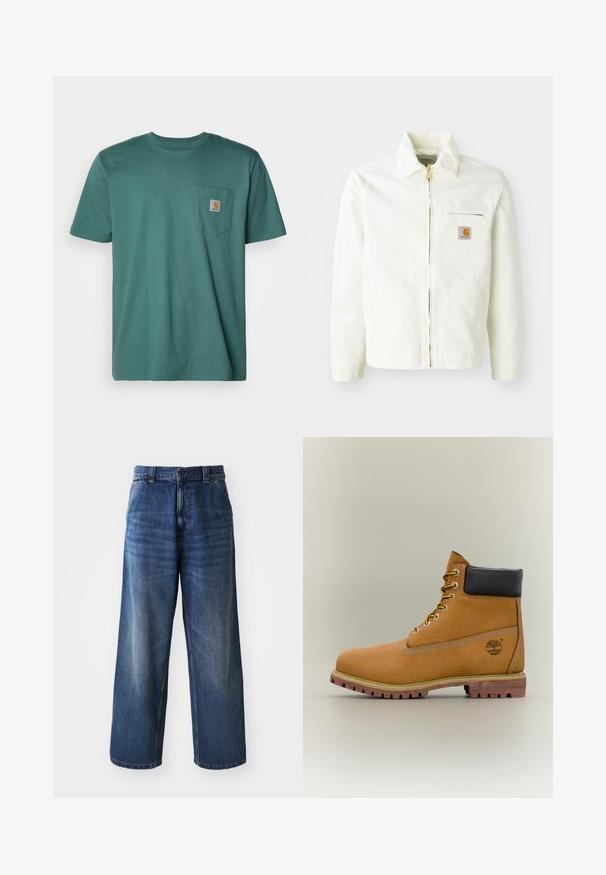 Chaqueta de algodón blanca con cuello tipo camisa, cremallera dorada y bolsillo en el pecho con un parche de logo. Incluye bolsillos laterales y un corte relajado.; Camiseta de algodón turquesa con manga corta, cuello redondo y un bolsillo en el pecho izquierdo que presenta un parche de logo cuadrado.; Jeans de mezclilla azul de cintura alta con un diseño de pierna ancha, que presentan un ligero desvanecimiento, bolsillos delanteros y un cierre de botón en la cintura.; Bota de tobillo de cuero marrón con cuello negro, cordones amarillos y suela beige. Presenta un logotipo y detalles de costura blanca. Suela exterior con tracción robusta.