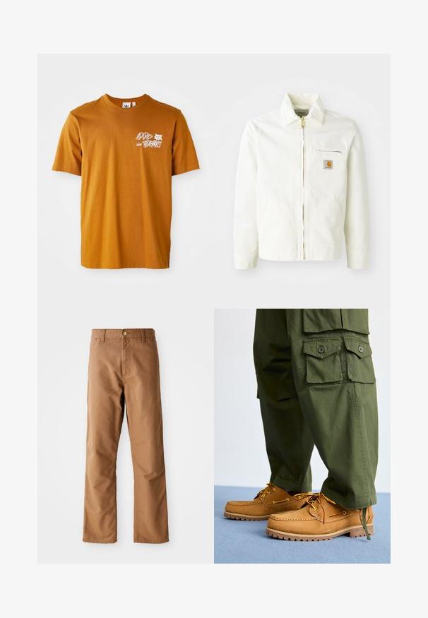 Hvid bomuldsjakke med krave, guld lynlås og brystlomme med logo-patch. Inkluderer sidelommer og en afslappet pasform.; Brun bomulds t-shirt med rund hals, korte ærmer, med hvid grafisk tekst og bladdesign på forsiden.; Brune lige ben bukser med bæltestropper, forlommer, knaplukning og lynlåsgylp på hvid baggrund.; Timberland AUTHENTIC 3 EYE - Sejlersko - wheat