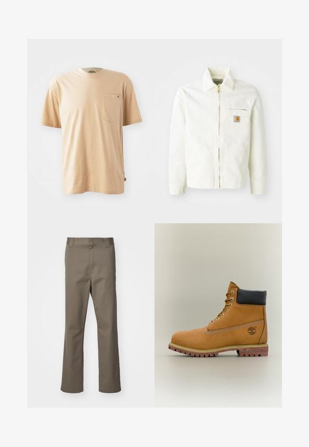 Witte katoenen jas met een kraag, gouden rits en borstzak met een logo-patch. Inclusief zijzakken en een relaxte pasvorm.; Beige katoenen T-shirt met korte mouwen, ronde hals en een linker borstzak. Heeft een klein logo-label op de zak.; Bruine rechte broek met riemlussen, voorrits en zonder zichtbare zakken, weergegeven op een witte achtergrond.; Bruine leren enkellaars met zwarte kraag, gele veters en een zandkleurige zool. Voorzien van een logo en witte stikseldetails. Robuuste loopzool met grip.