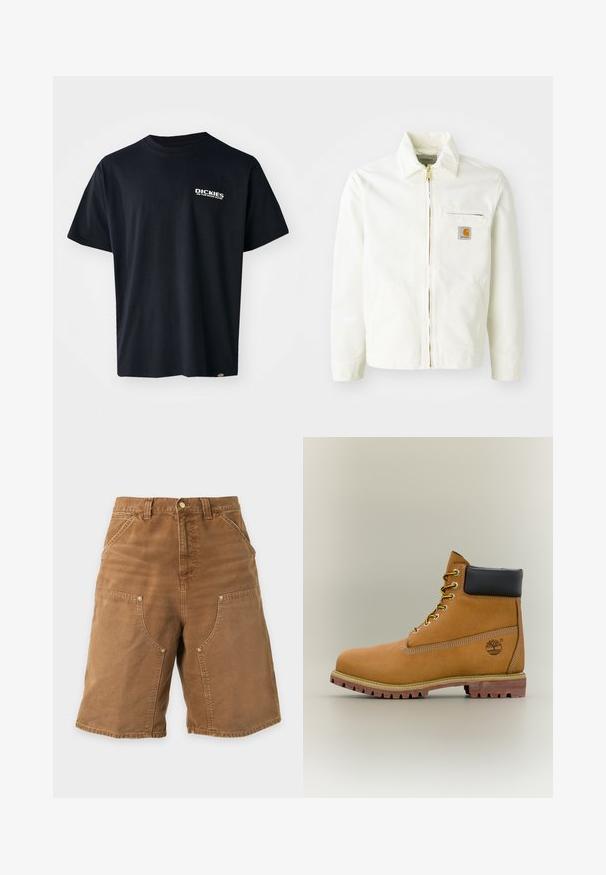 Chaqueta de algodón blanca con cuello tipo camisa, cremallera dorada y bolsillo en el pecho con un parche de logo. Incluye bolsillos laterales y un corte relajado.; Camiseta negra de manga corta hecha de algodón, con un logo gráfico de texto blanco en el lado izquierdo del pecho, corte recto y una etiqueta en el lateral.; Pantalones cortos de trabajo marrones hasta la rodilla con bolsillos frontales, trabillas para cinturón y cierre de botón sobre un fondo liso y claro.; Bota de tobillo de cuero marrón con cuello negro, cordones amarillos y suela beige. Presenta un logotipo y detalles de costura blanca. Suela exterior con tracción robusta.