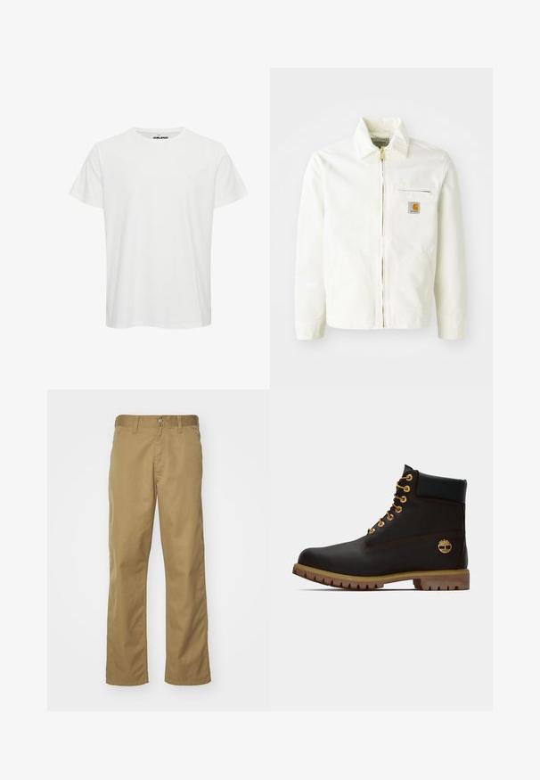 Veste en coton blanc avec col, fermeture éclair dorée et poche poitrine arborant un patch logo. Comprend des poches latérales et une coupe décontractée.; T-shirt en coton blanc avec manches courtes, col rond et un logo discret sur la poitrine. Texture lisse avec une coupe classique.; Chino kaki avec une coupe droite, fabriqué en tissu de coton lisse. Dispose d'une fermeture à bouton à l'avant et de poches latérales.; Bottine noire en cuir avec œillets dorés, accents marron et semelle en caoutchouc. Comprend un col rembourré et un logo estampé sur le côté.