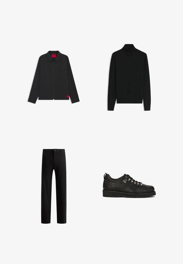 Schwarze Reißverschlussjacke mit Kragen, zwei Brusttaschen vorne und roten "HUGO"-Etiketten auf dem Innenetikett und am unteren Saum.; Schwarzer Langarm-Rollkragenpullover mit figurbetontem Design und einfarbiger Textur.; Schwarze, maßgeschneiderte Hose mit flachem Vorderteil, geraden Beinen, einem Knopfverschluss und Gürtelschlaufen, aus einem glatten Stoff ohne sichtbare Muster.; Kazar Studio KS BLAISE - Sportlicher Schnürer - black