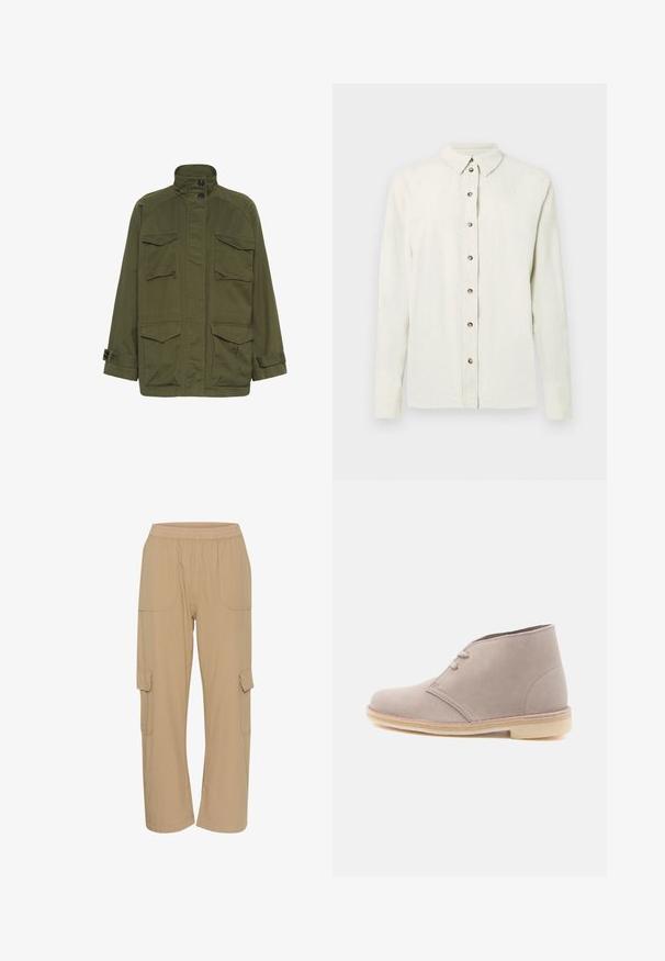 Veste militaire de couleur olive avec un col montant, deux poches sur la poitrine, deux poches inférieures et fermeture à boutons. Fabriquée en tissu résistant.; Chemise à manches longues beige clair en tissu texturé, dotée d'une patte de boutonnage avec des boutons métalliques et d'un col classique.; Pantalons cargo beiges avec une taille élastique, des poches latérales et une coupe décontractée. Fabriqués en tissu léger et texturé.; Botte desert en daim beige clair avec deux œillets et semelle en crêpe, vue de profil sur un fond blanc uni.
