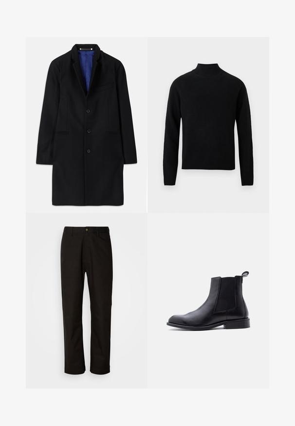 Manteau en laine noir au design ajusté, à revers cranté, fermeture à cinq boutons, poches latérales et doublure en satin bleu.; Pull noir à col roulé avec manches longues, fabriqué en maille douce. Caractérisé par un col et un ourlet côtelés pour une silhouette ajustée.; Pantalon en coton noir avec une coupe droite, des passants de ceinture, une fermeture éclair à l'avant et un seul bouton. Texture lisse sans motifs visibles.; Botte Chelsea en cuir noir avec panneau latéral élastique, languette de traction au talon, petit talon bloc et bout arrondi lisse sur fond blanc.