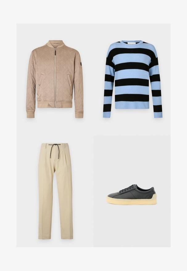 Beige tikattu bomber-takki, jossa on vetoketjullinen etuosa, resorihihansuut ja helma. Sivutaskut, joissa on painonapilla koristellut yksityiskohdat ja teksturoitu kangaspinta.; Raidallinen neulepaita, jossa vuorottelevat vaaleansininen ja musta väri, pyöreä pääntie, pitkät hihat sekä resorithelma ja -hihansuut. Pehmeä neulostekstuuri.; Harmaat housut suoran istuvuuden omaavat, varustettuna narukiristyksellä vyötäröllä, laskostetulla edessä ja sileällä pinnalla. Yksinkertainen, monikäyttöinen muotoilu.; Musta matalavartinen nahkatennari pyöreällä kärjellä, mustilla nauhoilla ja paksulla valkoisenharmaalla kumipohjalla, sivulta kuvattuna vaaleanharmaalla taustalla.