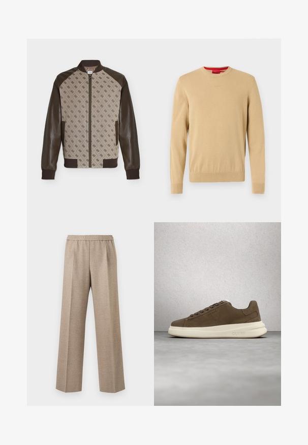 Beige og brun bomberjakke med mønstret frontpanel med gentagende logo, brune læderærmer, ribstrikkede manchetter, krave og lynlås.; Beige herrestriktrøje med rund hals, lange ærmer, ribbede ærmekanter og kant samt et diskret broderet logo på brystet.; Beige bukser med lige ben, elastisk talje og pressede folder foran på hvert ben.; Brune ruskinds sneakers med en cremet gummisål, flade snørebånd og et logo på siden. Letvægtsdesign og glat tekstur.