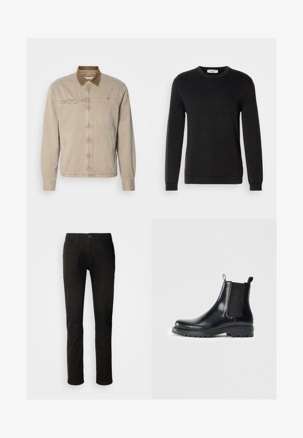 Veste beige avec un col en velours côtelé marron, fermeture éclair à l'avant et deux poches latérales. Présente un petit logo sur la poitrine et un tissu texturé.; Pull en laine noir à manches longues et col rond, avec des bordures côtelées aux poignets et à l'ourlet, texture de tricot fin, et une petite étiquette de marque à l'intérieur du col.; Jean en denim noir avec une coupe droite, comportant deux poches avant et une fermeture à bouton. Texture lisse et finition soignée.; Bottes Chelsea en cuir noir avec des panneaux élastiques sur les côtés, une languette pour un enfilage facile et une semelle en caoutchouc robuste avec une adhérence texturée.