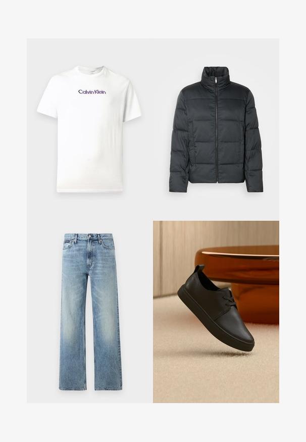 Schwarze gepolsterte Jacke mit hohem Kragen, frontellem Reißverschluss und gestepptem Muster. Verfügt über eine kastige Form und dezenten karierten Druck.; Weißes Baumwoll-T-Shirt mit Rundhalsausschnitt, kurzen Ärmeln und einem lila "Calvin Klein"-Logo, das über die Brust gedruckt ist.; Hellblaue Jeans mit geradem Bein, hohem Bund, fünf Taschen, Knopfverschluss und dezentem Verblassen an Oberschenkeln und Knien.; Schwarzer Freizeit-Sneaker aus Leder mit Schnürsenkeln, schwebt über einem beigen Teppich, im Hintergrund ein bernsteinfarbenes, rundes Glastisch.