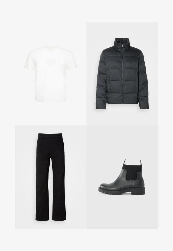 Schwarze gepolsterte Jacke mit hohem Kragen, frontellem Reißverschluss und gestepptem Muster. Verfügt über eine kastige Form und dezenten karierten Druck.; Weißes T-Shirt mit kurzen Ärmeln und Rundhalsausschnitt mit kleinem gesticktem "ck" Logo auf der linken Brust.; Schwarze Baumwollhosen mit geradem Bein, ausgestattet mit einem Knopfverschluss und Gürtelschlaufen. Glatte Textur und minimalistischer Stil ohne sichtbare Muster.; Schwarze Knöchelstiefel aus Gummi mit matter Oberfläche, die ein schlankes Design, elastische Einsätze und eine robuste Sohle für bessere Bodenhaftung bieten.