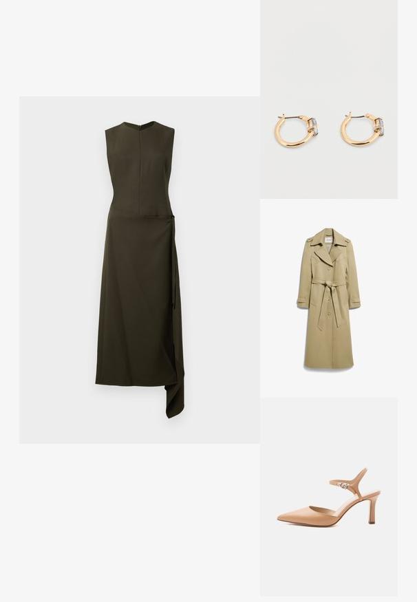 Beige lange trenchcoat met brede revers, knoopsluiting, tailleceintuur, twee grote voorzakken en schouderepauletten.; Olijfgroene mouwloze jurk met een getailleerde lijfje, een uitlopende asymmetrische zoom en een zijstrikdetail. Gemaakt van een gladde stof met een lichte glans.; Beige hoge hak met puntige neus, enkelbandje en zilveren gesp op een witte achtergrond.; Kleine gouden oorringen met een enkele rechthoekige heldere edelsteen vlak bij het slot van elke oorring.