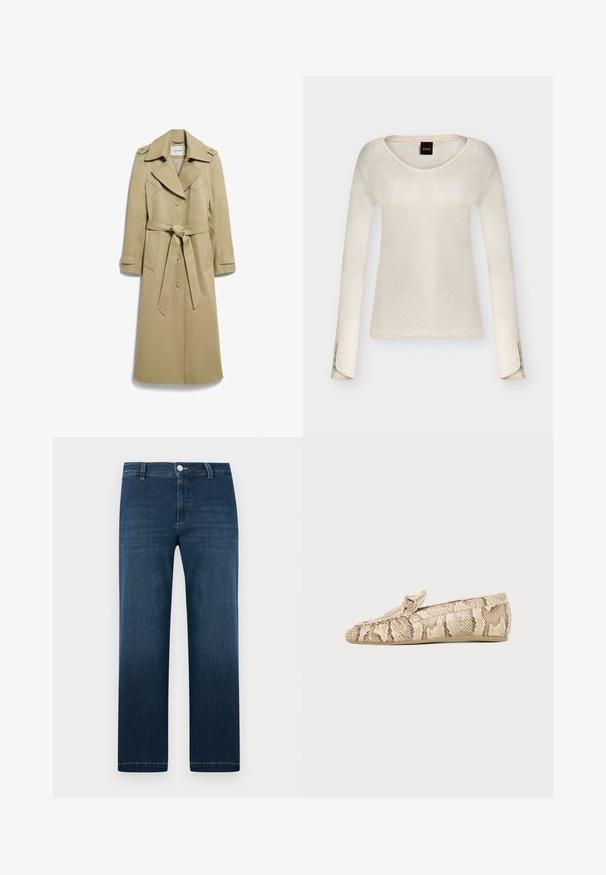 Trench-coat long beige avec larges revers, fermeture par boutons, ceinture à nouer à la taille, deux grandes poches avant et pattes d'épaule.; Pull crème à manches longues avec encolure dégagée et détails de boutons aux poignets, avec une petite étiquette noire au col.; Jean denim bleu foncé à jambes droites avec fermeture avant par bouton et zip, passants pour ceinture, et légère décoloration sur les cuisses.; Mocassin plat beige et marron à motif peau de serpent, bout arrondi et détail boucle sur le dessus, vu de côté sur un fond uni.