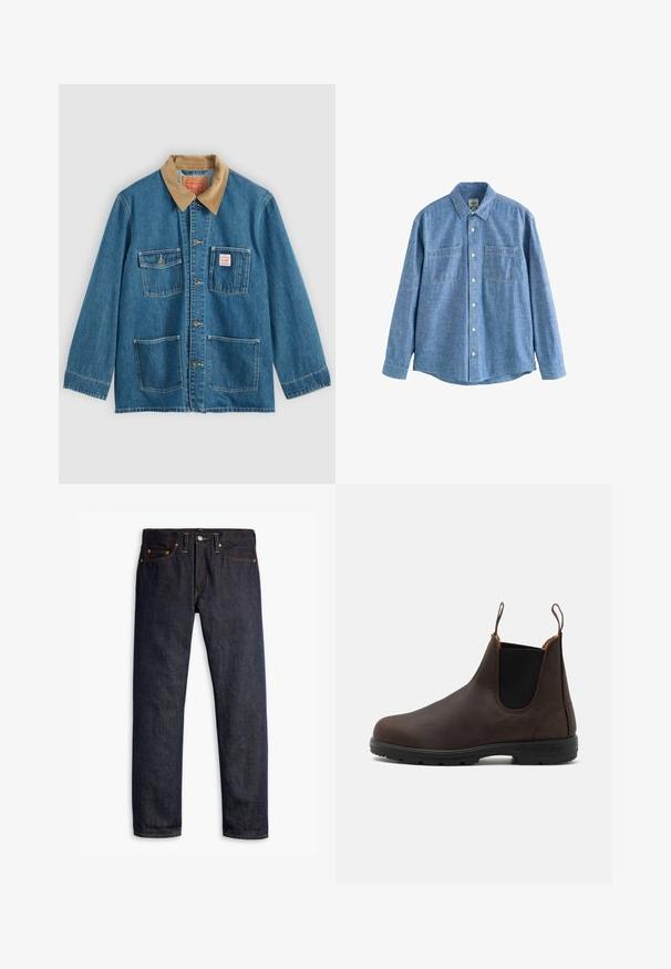 Blå denimjakke med brunt fløjlsflip, fem forlommer, knaplukning og kontrastsyning. Klassisk arbejdsklær-design.; Langærmet blå chambray-skjorte med knaplukning foran og to brystlommer, lagt fladt på en hvid baggrund.; Mørkeblå denimjeans med lige pasform, fem-lomme design, kobbernitter, gul syning og et markant struktureret stof.; Brun læder ankelstøvle med elastiske sidepaneler og løftestropper, der har en struktureret overflade og en holdbar sort gummisål.