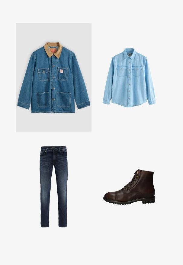 Blå denimjakke med brunt fløjlsflip, fem forlommer, knaplukning og kontrastsyning. Klassisk arbejdsklær-design.; Lyseblå denimskjorte med lange ærmer, knapper foran og to brystlommer med knaplukning.; Jack & Jones Regular fit JJICLARK JJVINTAGE CB 058 - Jeans Straight Leg - blue denim; Mørkebrun læder snørebånd ankelstøvle med robuste gummisål og metaløjer, set fra den ydre side.