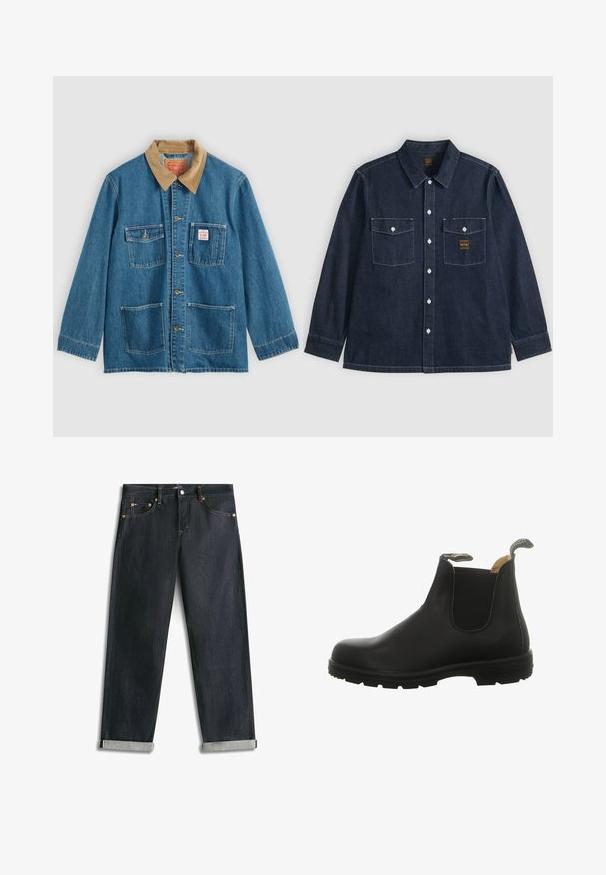Veste en denim bleu avec col en velours côtelé marron, cinq poches avant, fermetures à boutons et coutures contrastées. Design classique de vêtement de travail.; Chemise en jean bleu foncé à manches longues avec fermeture boutonnée au devant, deux poches poitrine avec rabats boutonnés, et coutures blanches visibles.; Jean en denim bleu foncé avec revers roulés, cinq poches et coutures contrastées, posé à plat sur un fond blanc.; Botte Chelsea en cuir noir avec panneaux élastiques sur les côtés, un bout arrondi et une semelle en caoutchouc robuste avec une languette au talon pour un enfilage facile.