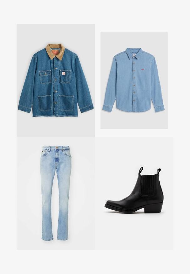 Blå denimjakke med brunt fløjlsflip, fem forlommer, knaplukning og kontrastsyning. Klassisk arbejdsklær-design.; Lyseblå denimskjorte med lange ærmer, knaplukning foran og spidse kraver. Har brune knapper og et lille rødt logo-patch.; Lyseblå denim jeans med lige pasform, der har fem lommer, knaplukning og subtil falming ved lårene og kanten.; Kentucky's Western Cowboy- / bikerstøvlette - black
