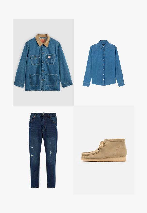 Blaue Jeansjacke mit braunem Cordkragen, fünf Fronttaschen, Knopfverschluss und kontrastierender Naht. Klassisches Arbeitsbekleidungdesign.; Blaue Denim-Hemd mit Button-down-Kragen, langen Ärmeln und Knöpfen vorne. Der Stoff hat eine strukturierte Oberfläche und einen klassischen Schnitt.; Dunkelblaue Denim-Jeans mit entspannter Passform, die verwaschene Stellen und dezente Abriebspuren aufweisen, im klassischen Fünf-Taschen-Design mit Kupferhardware.; Beige Wildleder-Stiefeletten mit runder Spitze, flacher Sohle und einfachem Schnürdesign. Verfügt über sichtbare Nähte und eine glatte Textur.