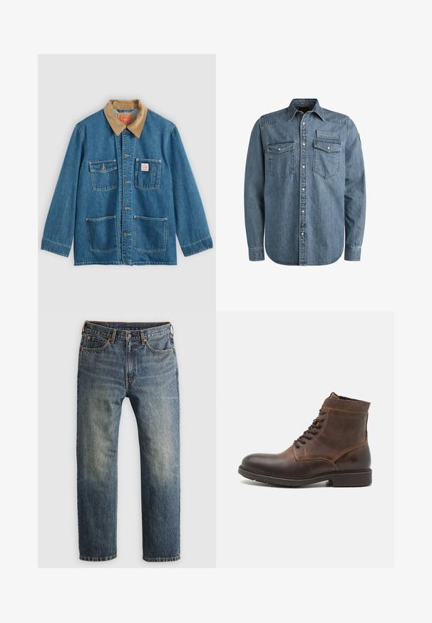 Blaue Jeansjacke mit braunem Cordkragen, fünf Fronttaschen, Knopfverschluss und kontrastierender Naht. Klassisches Arbeitsbekleidungdesign.; Hellblaues Denimhemd mit langen Ärmeln, Knöpfen vorne, zwei Brusttaschen und einem geprägten Patch. Hat ein klassisches Design im Westernstil.; Blaue, ausgebleichte gerade geschnittene Jeans aus Denim mit Fronttaschen, Gürtelschlaufen, Knopf und Reißverschluss auf einem hellen Hintergrund.; Jack & Jones JFWDELANEY BOOT - Schnürstiefelette - Brown