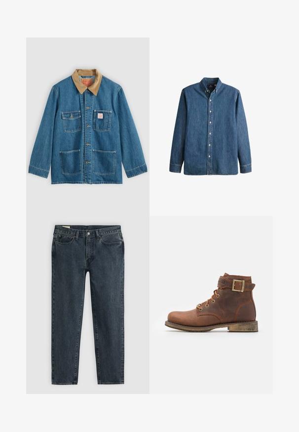 Blaue Jeansjacke mit braunem Cordkragen, fünf Fronttaschen, Knopfverschluss und kontrastierender Naht. Klassisches Arbeitsbekleidungdesign.; Denim-Hemd in Mittelblau, mit langen Ärmeln, spitzem Kragen, weißen Knöpfen und einer taillierten Passform sowie dezentem Logostick.; Dunkelblaue Denim-Jeans mit geradem Bein, fünf Taschen und einem Knopfverschluss. Subtile Ausbleichungen verleihen dem Stoff Textur.; Harley Davidson VNTGMOTO SHORT RIDING APPROVED - Cowboy-/Bikerstiefelette - brown