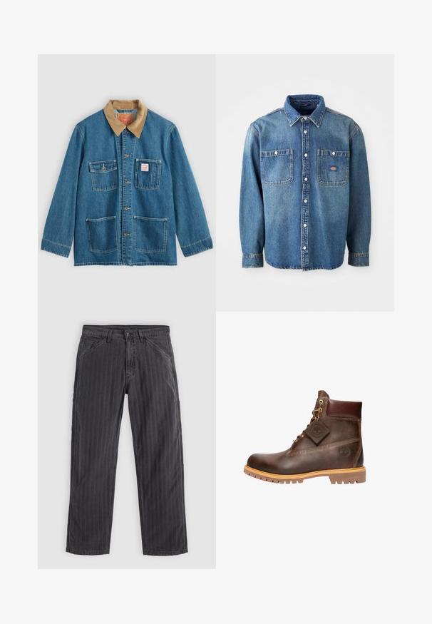 Veste en denim bleu avec col en velours côtelé marron, cinq poches avant, fermetures à boutons et coutures contrastées. Design classique de vêtement de travail.; Chemise en denim bleu moyen, dotée d'un col pointu, de deux poches poitrine et de boutons argentés. Manches longues avec poignets à boutons.; Pantalons à rayures noires en tissu mélangé coton. Présentent un design à jambe droite, des poches latérales et une fermeture à bouton.; Bottine en cuir marron avec un bout rond, une semelle robuste, des éléments en doré et un dessus texturé. Comprend une étiquette de logo attachée.