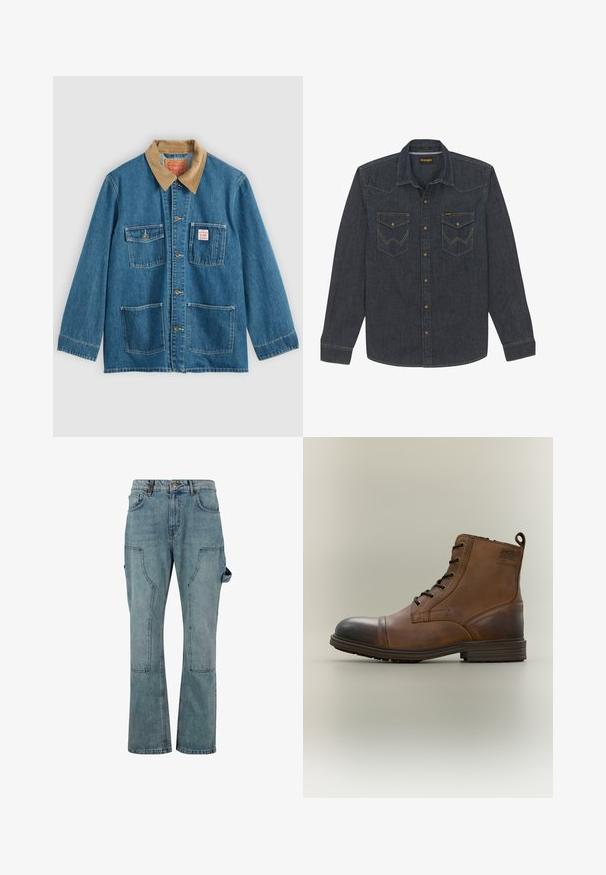 Blauwe spijkerjas met bruine corduroy kraag, vijf voorzakken, knoopsluiting en contrasterend stiksel. Klassiek ontwerp van werkkleding.; Donker denim overhemd met lange mouwen en knopen, twee voorzakken met klep en bruine drukkers, Wrangler merkembleem binnenin de kraag en zak.; Lichtblauwe denim cargobroek met een rechte pijpdesign, met meerdere zakken en een knoopsluiting bij de taille.; Bruine leren enkellaars met veters, zwarte neuskap, ronde zool en merkdetail aan de zijkant tegen een effen achtergrond.