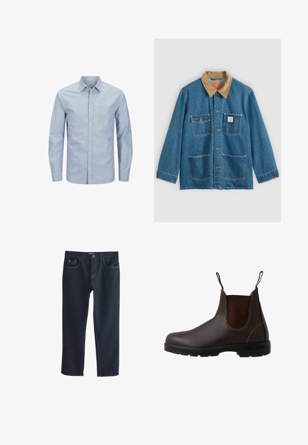 Chaqueta azul de mezclilla con cuello de pana marrón, cinco bolsillos frontales, cierres de botones y costuras en contraste. Diseño clásico de ropa de trabajo.; Camisa de botones de manga larga azul claro con un bolsillo en el pecho izquierdo. Hecha de una tela suave con una textura lisa y un sutil detalle de logo.; Pantalones vaqueros de mezclilla azul oscuro con un diseño de pierna recta, que cuentan con bolsillos delanteros y detalles sutiles de costura. Textura suave, estilo clásico.; Bota Chelsea de cuero marrón con panel elástico lateral, costuras marrones, tiradores y suela de goma resistente con un patrón texturizado.