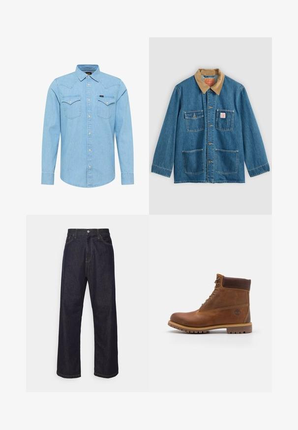 Blaue Jeansjacke mit braunem Cordkragen, fünf Fronttaschen, Knopfverschluss und kontrastierender Naht. Klassisches Arbeitsbekleidungdesign.; Hellblaue Jeans-Hemd mit langen Ärmeln, Knopfleiste, zwei knopfbaren Brusttaschen, spitzem Kragen und kleinem Lee-Logo auf der linken Tasche.; Dunkelblaue Jeans im geraden Schnitt mit gelben Nähten, Knopfverschluss, Reißverschluss und Fünf-Taschen-Design.; Braune Lederwanderschuhe mit glatter Oberfläche, gepolstertem Knöchel, Metallösen und einer Gummisohle mit robustem Profil.