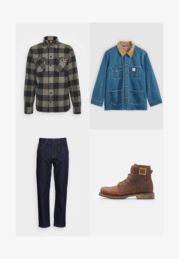 Blå denimjakke med brunt fløjlsflip, fem forlommer, knaplukning og kontrastsyning. Klassisk arbejdsklær-design.; Sort og gråternet flannel skjorte med lange ærmer, knaplukning foran, to brystlommer og en let bøjet kant. Struktureret stof.; Mørkeblå denimjeans med lige pasform, fem lommer og kontrasterende gul syning. Designet med en klassisk knap- og lynlåslukning.; Harley Davidson VNTGMOTO SHORT RIDING APPROVED - Cowboy- / bikerstøvlette - brown