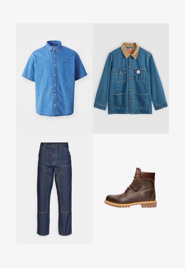 Veste en denim bleu avec col en velours côtelé marron, cinq poches avant, fermetures à boutons et coutures contrastées. Design classique de vêtement de travail.; Chemise en denim à manches courtes de couleur bleu clair avec un col boutonné, comportant un logo sur la poitrine et des détails de couture visibles.; Jeans en denim bleu foncé avec une taille haute, une coupe droite, des coutures contrastantes et des poches appliquées à l'avant.; Bottine marron en cuir avec col rembourré, laçage frontal, semelle robuste, et logo Timberland visible sur le côté et sur l'étiquette attachée.