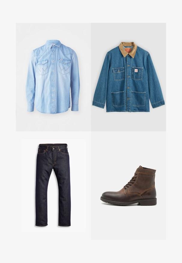 Sinine teksajope pruunide sametkraega, viie eest taskuga, nööpidega kinni ja kontrastse õmblusega. Klassikaline tööriietuse disain.; Hele sinine denim särk, millel on pikad varrukad, terav krae, kaks rinna(taskut) ja millel on sik-sak õmblusmustrit ning nööbiga kinni pandud.; Tumedat sinised sirged sääred denim teksad, viie taskuga ja oranži kontrastõmblusega, laotatuna valgele taustale.; Jack & Jones JFWDELANEY BOOT - Nööritavad poolsaapad - cognac