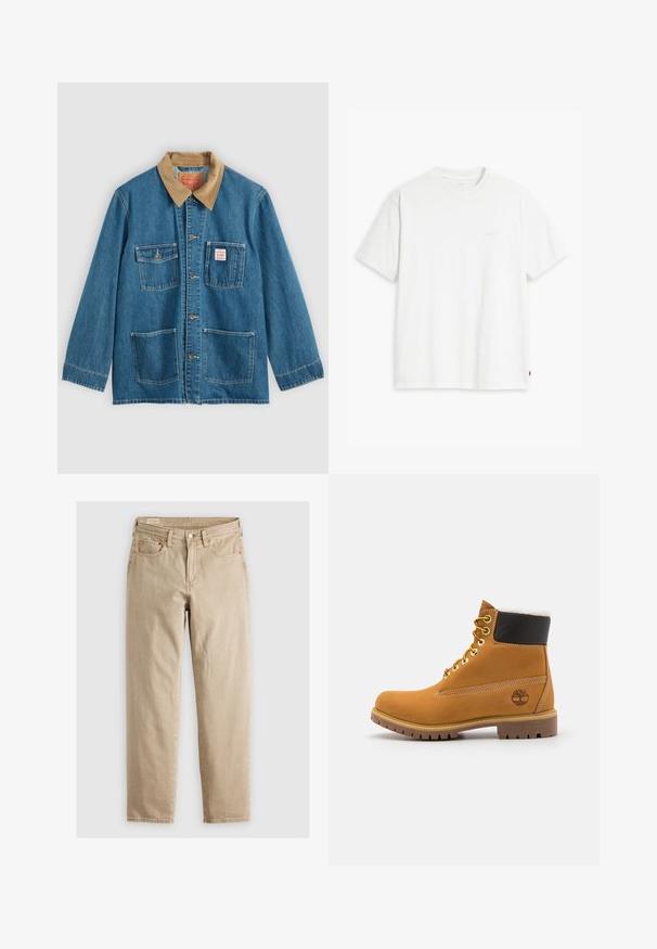 Sininen farkkutakki, jossa ruskea mokkanahkakaulus, viisi etutaskua, napilliset suljettavat ja kontrastisommitelut. Klassinen työvaatesuunnittelu.; Valkoinen puuvillainen t-paita, jossa on lyhyet hihat, pyöreä pääntie ja etupuolella vaalealla värillä painettu hillitty "Levi's"-logo.; Vaaleat farkut, joissa on suora leikkaus, viisi taskua, etupainike ja huomaamattomat tikkaustiedot. Sujuva tekstuuri, rento muotoilu.; Ruske nahkasaapad ankle-moodi, metallist silmadega, valge karvase voodriga, musta pehmendusega kaeluse ja läbilöökide tald. Kotiriide logo on küljes.