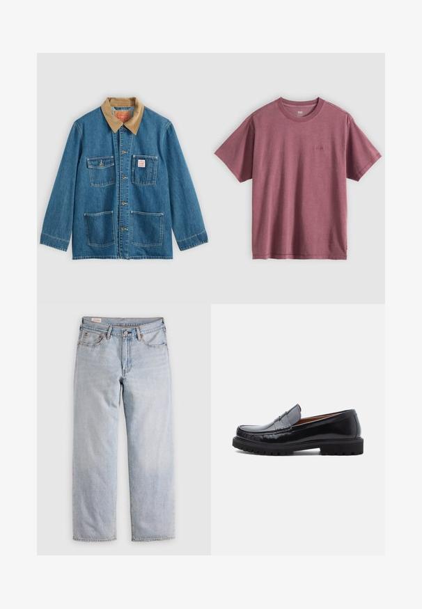 Blå denimjakke med brunt fløjlsflip, fem forlommer, knaplukning og kontrastsyning. Klassisk arbejdsklær-design.; Kortærmet T-shirt med rund hals i dyb burgunder bomuld med et diskret logo på brystet. Glat tekstur og afslappet pasform.; Lyseblå lige ben jeans med høj talje, knaplukning samt for- og baglommer, præsenteret på en flad overflade.; Sorte læder penny loafer med chunky gummisål og moc toe syninger, vist i profil på en hvid baggrund.