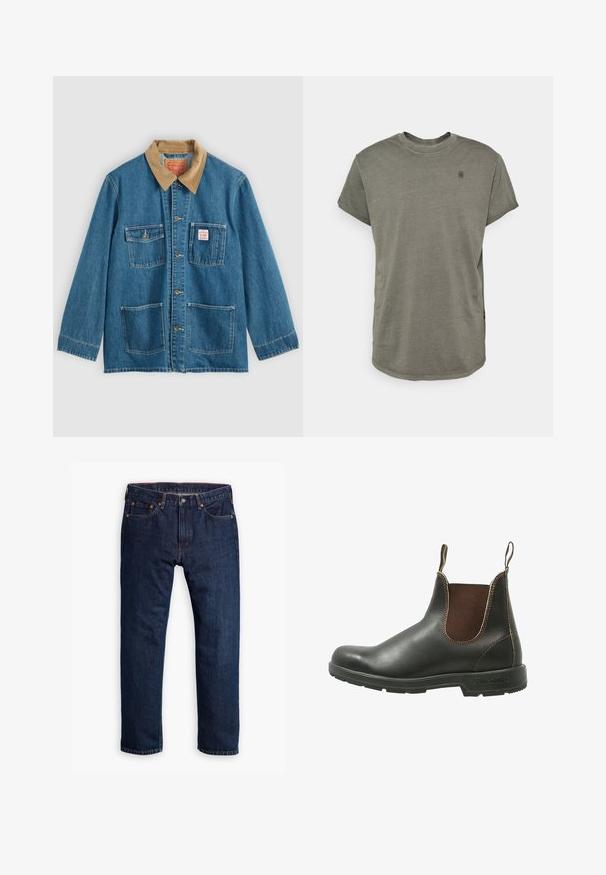 Blauwe spijkerjas met bruine corduroy kraag, vijf voorzakken, knoopsluiting en contrasterend stiksel. Klassiek ontwerp van werkkleding.; G-STAR LASH - T-shirt basic - GREY; Persoon die donkerblauwe rechte jeans draagt, witte sneakers en een olijfgroene trui, met handen in de zakken, staand tegen een grijze achtergrond.; Chelsea-boots van glad zwart leer met bruine elastische zijpanelen, contrasterende stiksels en een gestructureerde rubberen zool.