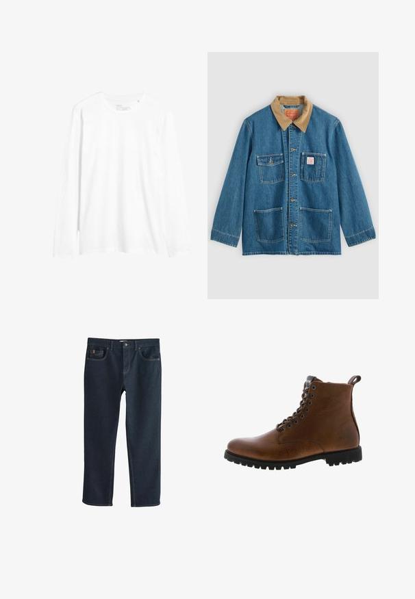 Blå denimjakke med brunt fløjlsflip, fem forlommer, knaplukning og kontrastsyning. Klassisk arbejdsklær-design.; Langærmet hvid t-shirt lavet af bomuld. Har rund halsudskæring, slim fit og sideslids ved kanten. Simpelt design uden mønstre.; Mørkeblå denimjeans med lige ben, der har forlommer og diskrete syningsdetaljer. Glat tekstur, klassisk stil.; Brune læder ankelstøvler med tekstureret overflade, metaløjer og sort gummisål. Har en træktab bagpå for nem påtagning.