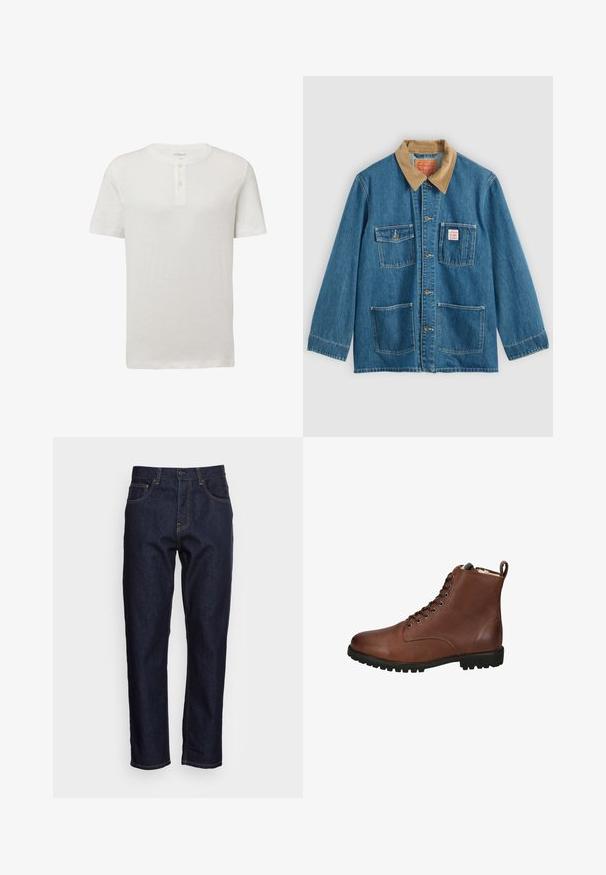 Blauwe spijkerjas met bruine corduroy kraag, vijf voorzakken, knoopsluiting en contrasterend stiksel. Klassiek ontwerp van werkkleding.; Witte T-shirt met korte mouwen en ronde hals, met een twee-knops sluiting en subtiele textuur. Voorzien van een klein logo op de borst.; Donkerblauwe spijkerbroeken met een rechte snit, vijf zakken en contrasterende gele stiksels. Ontworpen met een klassieke knoop- en ritssluiting.; Bruine leren enkellaarzen met een gestructureerde afwerking, veterinstap, ronde neus en een zware rubberen zool. Inclusief een trekband aan de achterkant.