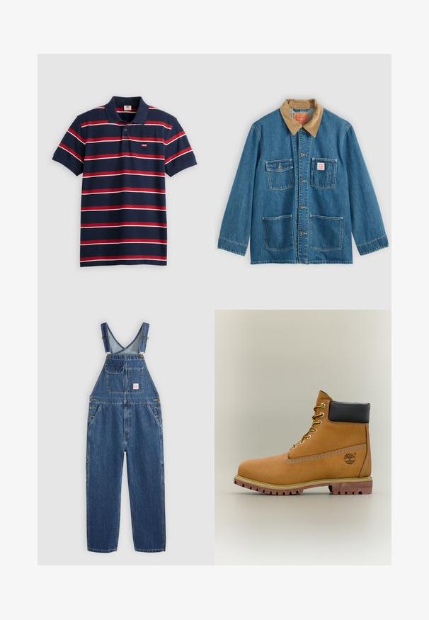 Blå denimjakke med brunt fløjlsflip, fem forlommer, knaplukning og kontrastsyning. Klassisk arbejdsklær-design.; Marineblå polo-shirt med røde og hvide vandrette striber, tre-knaps placket og lille Levi's logo på brystet. Blødt bomuldsstof.; Blå denim-overalls med justerbare skulderstropper, flere forlommer inklusive en knaplukket klaplomme og sidelukninger med knapper.; Brun læderankelstøvle med sort krave, gule snørebånd og tanfarvet sål. Har logo og hvide syninger som detalje. Robust ydersål med greb.
