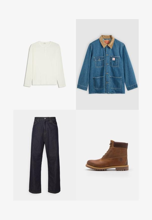 Blue denim jacket with brown corduroy collar, five front pockets, button closures, and contrasting stitching. Classic workwear design.; Long-sleeve white henley shirt with three buttons and round neckline, displayed flat on a white background.; Dark blue straight-leg denim jeans with yellow stitching, front button, zipper fly, and five-pocket design.; Brown leather hiking boot with a smooth finish, padded ankle, metal eyelets, and a rubber sole featuring a rugged tread pattern.