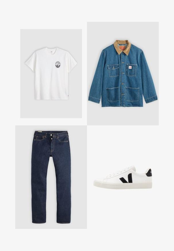 Blaue Jeansjacke mit braunem Cordkragen, fünf Fronttaschen, Knopfverschluss und kontrastierender Naht. Klassisches Arbeitsbekleidungdesign.; Weißes Baumwoll-T-Shirt mit kurzen Ärmeln, Rundhalsausschnitt und einem schwarzen runden Logo auf der linken Brust, das ein stilisiertes Design zeigt.; Dunkelblaue Jeans mit geradem Bein, Knopfleiste, Vorder- und Gesäßtaschen sowie kontrastierender Naht, flach auf hellem Hintergrund liegend.; Weiße Leder-Sneaker mit schwarzen Wildlederelementen; verfügen über eine Gummisohle, eine runde Spitze und ein klassisches Schnürdesign. Seitliches Logo in Schwarz.